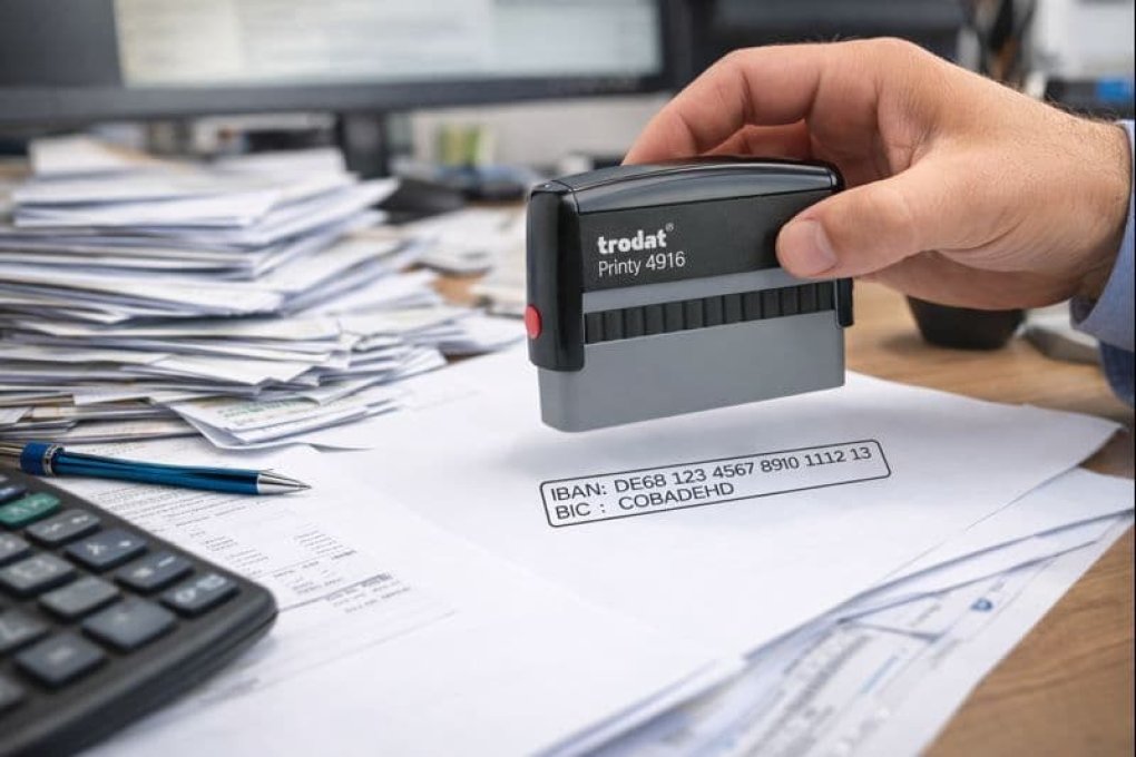 Holzstempel mit aufgedruckter IBAN-Nummer, der über einem Stapel Dokumente gehalten wird.