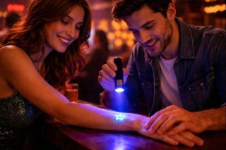 Hand mit leuchtendem „UV Stempel“-Aufdruck im dunklen Club mit bunten Neonlichtern im Hintergrund.