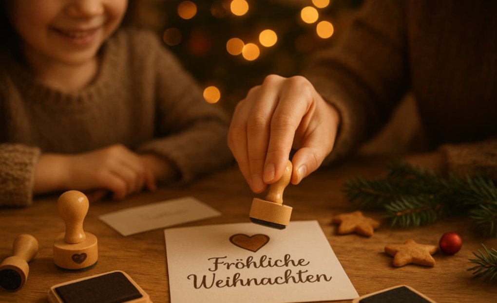 Mutter und Kind stempeln Fröhliche Weihnachten auf einer Weihnachtskarte