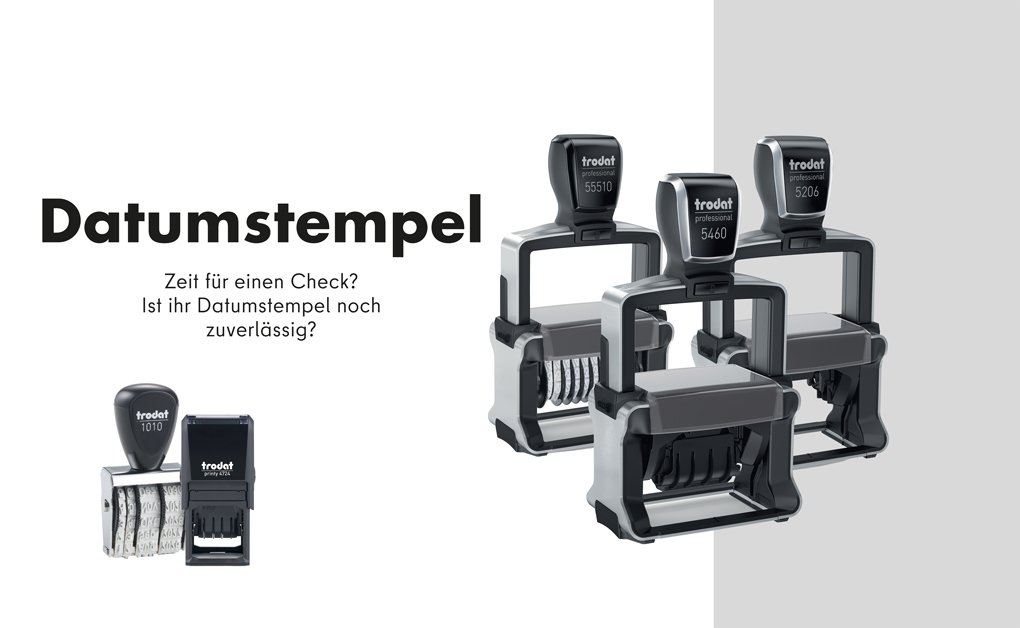 Trodat Datumstempel Modelle mit Text 'Zeit für einen Check? Ist ihr Datumstempel noch zuverlässig?' auf hellem Hintergrund